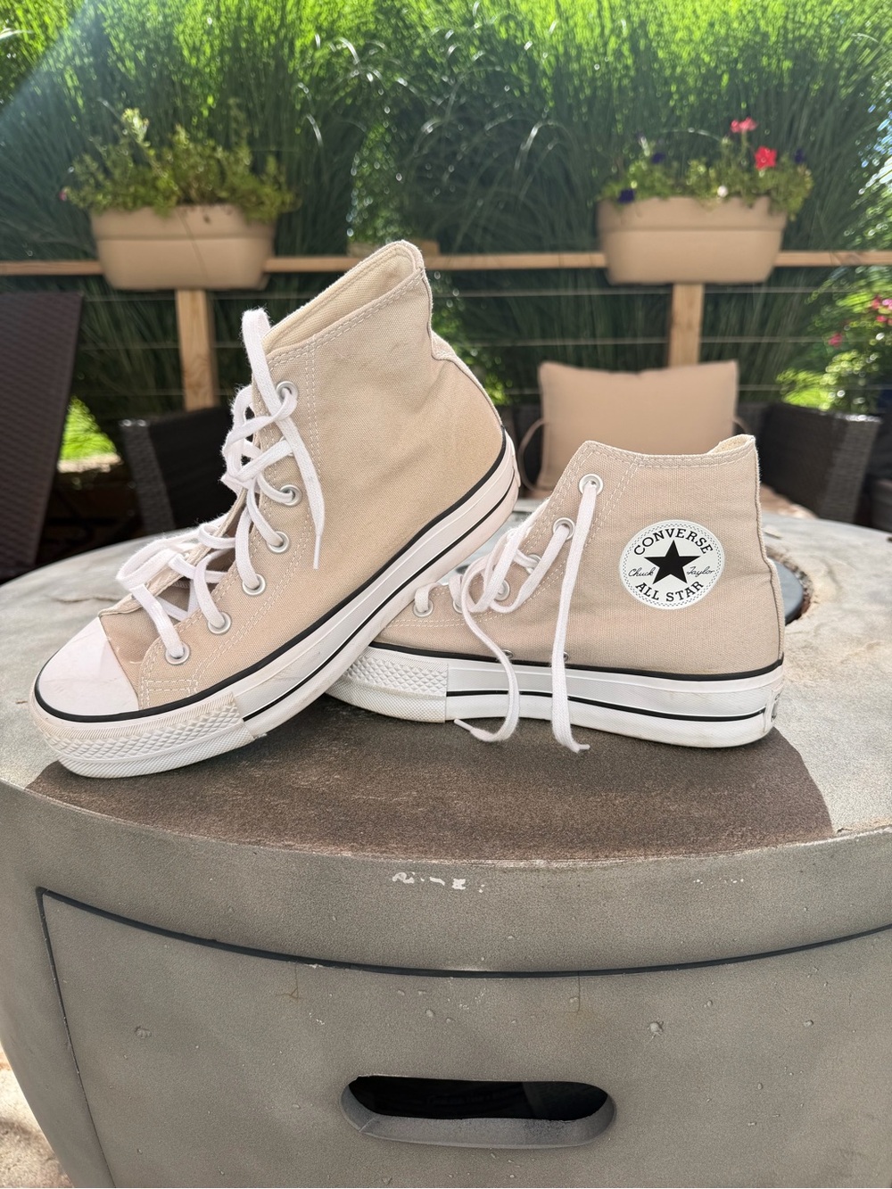 Converse High Top Sneakers in Beige Canvas with White Accents